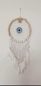Düş Kapanı Göz Makrome Dreamcatcher Bambu Nazarlı Beyaz Kuş Tüyü Rüya Kapanı Duvar Süsü Elişi - 5