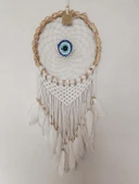 Düş Kapanı Göz Makrome Dreamcatcher Bambu Nazarlı Beyaz Kuş Tüyü Rüya Kapanı Duvar Süsü Elişi - 2