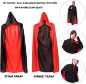 Çift Taraflı Kullanılabilir Siyah Kırmızı Kapişonlu Pelerin 140 Cm Yetişkin - 1