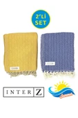 2'li Set Peştemal Plaj Havlusu , %100 Pamuk , Xxl 100x180cm, Bodrum, Sarı Lacivert - 1