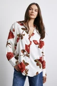 Gül Baskılı Saten Gömlek Beyaz thumbnail 2