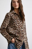 Leopar Desenli Poplin Gömlek Bej thumbnail 1