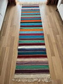 285x75 cm Canlı Renkli Çizgili Türk Kilim, El Dokuma Renkli Yün Yolluk, Vintage Dekoratif Koridor Kilimi - 1