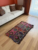 66x121 cm Küçük Boy Canlı Renkli Kilim, Geometrik ve Akrep Motifli, El Dokuma Vintage Kilim, Harika Ev Dekoru - 4