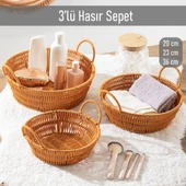 Porsima 304-D Yuvarlak 3'lü Hasır Sepet Dekoratif Ev Düzenleyici Kendinden Kulplu Hasır Sepet Seti Banyo Düzenleyici Sepet - 1