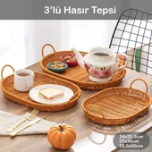 Porsima 708-D Oval 3'lü Dekoratif Ev Mutfak Düzenleyici Kulplu Hasır Sepet Seti Hasır Tepsi - 1