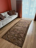 110x241 cm Kars Halısı, 40 Yıllık El Dokuma Kars Kilimi, Vintage Türk Yün Halısı, Kahverengi Tonlar - 3