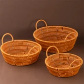 Porsima 304-D Yuvarlak 3'lü Hasır Sepet Dekoratif Ev Düzenleyici Kendinden Kulplu Hasır Sepet Seti Banyo Düzenleyici Sepet - 3