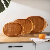 Porsima 708-D Oval 3'lü Dekoratif Ev Mutfak Düzenleyici Kulplu Hasır Sepet Seti Hasır Tepsi - 3