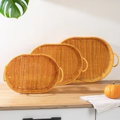 Porsima 708-A Oval 3'lü Dekoratif Ev Mutfak Düzenleyici Kulplu Hasır Sepet Seti Hasır Tepsi - 2