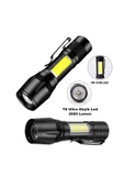 Ultra Çift Yönlü Güçlü Pilli Led El Feneri 2000 Lümen + 6w Cob Led Su Geçirmez Zoomlu 3 Modlu - 4