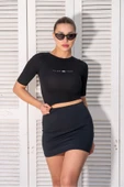 Süper Fitted Siyah Crop Top Etek Takım - 1