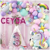 5 Harfli Yaş Seçenekli Gökkuşağı Konseptli Unicorn Temalı Makaron Balon Doğum Günü Parti Kutlama Seti - 3