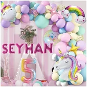 6 Harfli Yaş Seçenekli Gökkuşağı Konseptli Unicorn Temalı Makaron Balon Doğum Günü Parti Kutlama Seti - 5