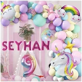 6 Harfli Yaş Seçenekli Gökkuşağı Konseptli Unicorn Temalı Makaron Balon Doğum Günü Parti Kutlama Seti - 9