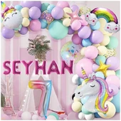 6 Harfli Yaş Seçenekli Gökkuşağı Konseptli Unicorn Temalı Makaron Balon Doğum Günü Parti Kutlama Seti - 7