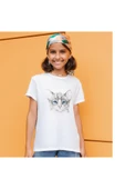 Kedi Baskılı Çocuk Yetişkin Beyaz T-shirt Unisex Çocuk Tişört thumbnail 2