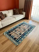 96x170 cm El Dokuma Türk Halısı, Akrep Motifli Mavi ve Kahverengi Kilim, Bohem Vintage Oturma Odası Halısı - 4