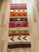 60x152 cm Turuncu Kahverengi Türk Kilim, El Dokuma Yün Kilim, Pıtrak Motifi ve Çizgili Desen, Vintage Bohem Kilim - 1