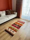 60x152 cm Turuncu Kahverengi Türk Kilim, El Dokuma Yün Kilim, Pıtrak Motifi ve Çizgili Desen, Vintage Bohem Kilim - 2