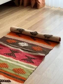 60x152 cm Turuncu Kahverengi Türk Kilim, El Dokuma Yün Kilim, Pıtrak Motifi ve Çizgili Desen, Vintage Bohem Kilim - 7