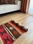 60x152 cm Turuncu Kahverengi Türk Kilim, El Dokuma Yün Kilim, Pıtrak Motifi ve Çizgili Desen, Vintage Bohem Kilim - 3