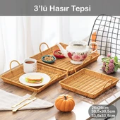 Porsima 709-B Kare 3'lü Dekoratif Ev Banyo Mutfak Düzenleyici Kulplu Hasır Sepet Seti Hasır Tepsi - 1