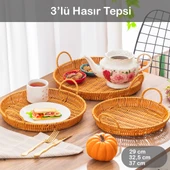Porsima 710-B Yuvarlak 3'lü Dekoratif Ev Mutfak Düzenleyici Kulplu Hasır Sepet Seti Hasır Tepsi - 1
