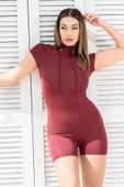 Vücüda Oturan Kadın Spor Şort Tulum / Toparlayıcı Çift Fermuarlı Spor Mayo Tulum - 8