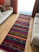 101x325 cm Canlı Renkli Kilim, Uzun Yün Yolluk, Çizgili ve Akrep Motifli, El Dokuma Vintage Kilim - 5