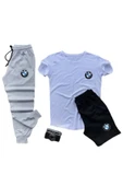 Bmw Baskılı Ünisex Yazlık T-shirt Ve Eşofman Altı 3 Li Set Combin Takım - 4