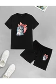 LUNAVISTA Unisex Sevimli Minik Kedi Baskılı Şort-T-shirt takımı - 1