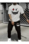 Oversize Gülen yüz Baskılı Original Ünisex Yazlık T-shirt ve Eşofman Altı 2 li Set Combin Takım - 4