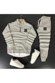 Unisex Üç Çizgi Baskılı Yarım Fermuarlı Sweatshirt-Eşofman Altı Set Kombin - 1