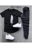 Tüy Baskılı Original Ünisex Yazlık T-shirt ve Eşofman Altı 2 li Set Combin Takım - 1
