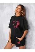 LUNAVISTA Kelebekli Kalp Baskılı Oversize Şort Tişört takımı thumbnail 3