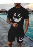 Oversize Gülenyüz Baskılı Ünisex Yazlık T-shirt ve Şort 2 li Set Combin Takım - 3