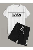 unısex nasa çızgılı baskılı tişört şort takımı - 1