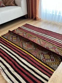 122x125 cm Çizgili Türk Kilim, Ender Bulunan Akrep Motifli El Dokuma Kilim, Yumuşak ve Şık Zemin Halısı - 8