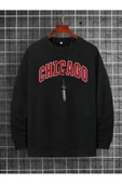 Unisex Chicago Baskılı Bisiklet Yaka Oversize Sweatshirt - 1