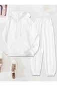Eşofman Takımı Sweatshirt Kapşonlu Unisex Kışlık kalın Pamuklu, Şardonlu kanguru cepli beyaz - 1