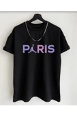 Unısex Renkli Paris Yazılı Dijital Baskılı Siyah Oversize T-shirt - 1