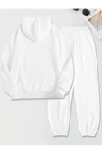 Eşofman Takımı Sweatshirt Kapşonlu Unisex Kışlık kalın Pamuklu, Şardonlu kanguru cepli beyaz - 2