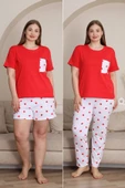 %100 Pamuk Büyük Beden 3 Parça  Kadın Pijama Takımı - 11
