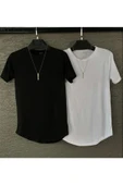 Yeni Sezon Unisex Siyah-beyaz Slim Fit Bisiklet Yaka 2'li Oval Kesimli Tişört thumbnail 1