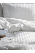 Beyaz Çizgili Saten Çarşafı Lastikli Çift Kişilik Premium Otel Nevresim Takımı - 6
