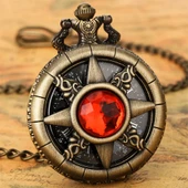 Lüx Kırmızı taşlı Bronz Renkli Antik Güneş Ve Kutup Yıldızı Figürlü Saat Kadın Kolye SL10415 thumbnail 3