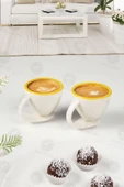 Sezka Life 2 li Porselen Kahve Fincanı Takımı Kendinden Tabaklı Kupa Takımı Sarı Yaldızlı - 1