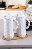 Sezka Life 2'li Porselen Boncuk Yağlık Sirkelik Seti Yağdanlık Takımı ve Ahşap Altlığı 1000 ml - 1
