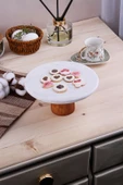 Akkoyunlu home Desenli Mermer Ahşap Ayaklı Yuvarlak  Sunumluk Pasta Servis Sunumluğu Tabak 25 cm - 4